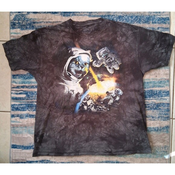 The Mountain Space Kittens Astronaut Cats Black Gray Tie-Dye Shirt 2XL Y2K - Picture 1 of 5